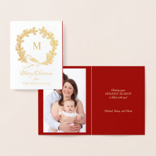 Monogram Wreath with Bird Gold Foil Christmas Foil Card