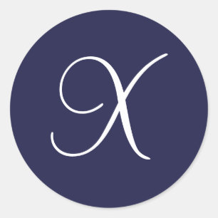 Monogram X, White on Navy Blue, Classic Round Sticker