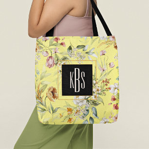 Monogram Yellow 1600s Fine Art Florals Tote Bag