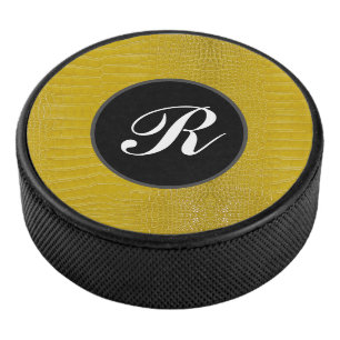 Monogram Yellow Alligator Texture Print Hockey Puck