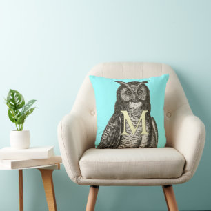 Monogram Yellow Aqua Grey Vintage Owl Illustration Throw Pillow