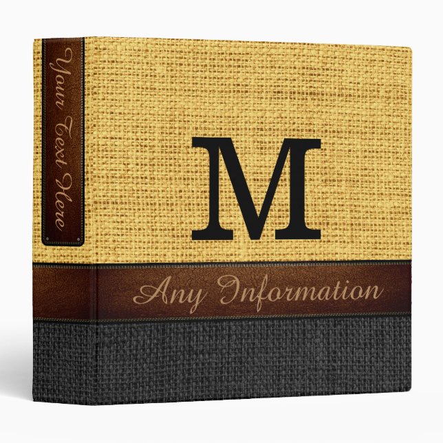 Monogram Yellow & Black Burlap Rustic Jute Binder (Front/Spine)