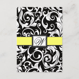 Monogram Yellow & Black Damask Wedding RSVP Cards