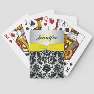 Monogram Yellow Black Silver Damask Playing Cards