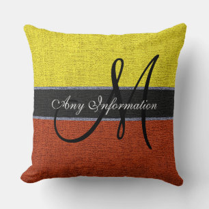 Monogram Yellow & Brown Burlap Rustic Jute Throw Pillow