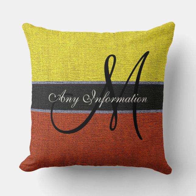 Monogram Yellow & Brown Burlap Rustic Jute Throw Pillow (Front)