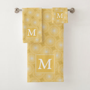 Monogram yellow circles pattern bath towel set