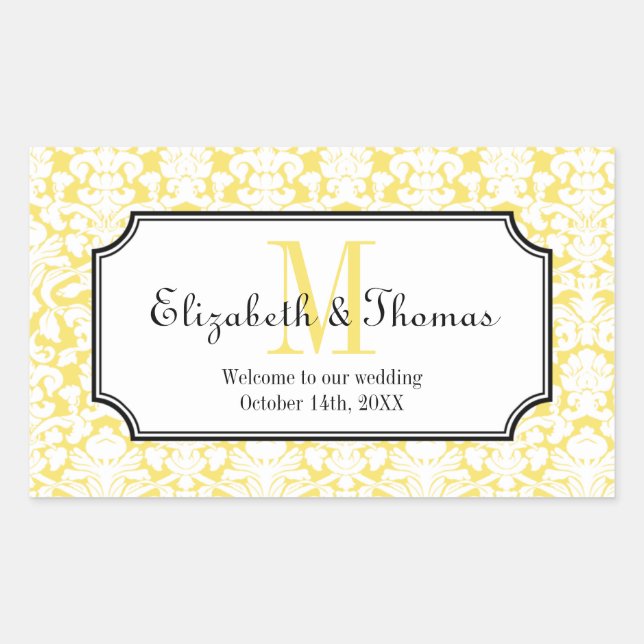 Monogram yellow damask frame out of town gift bag sticker (Front)