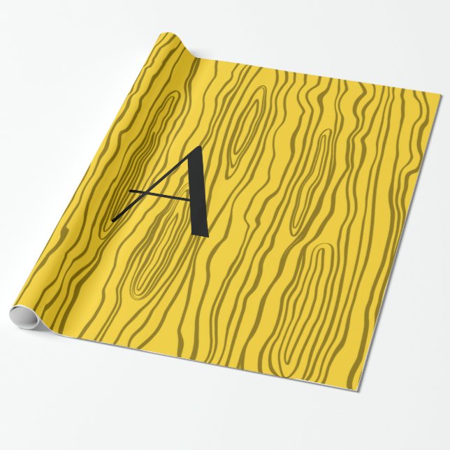 Monogram yellow faux bois wrapping paper (Unrolled)