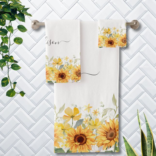 Monogram Yellow Flower Sunflower Floral Botanical Bath Towel Set (In situ)