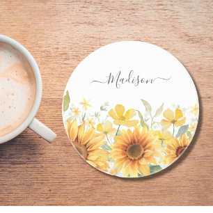 Monogram Yellow Flower Sunflower Floral Botanical Coaster