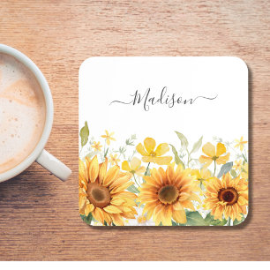 Monogram Yellow Flower Sunflower Floral Botanical Coaster