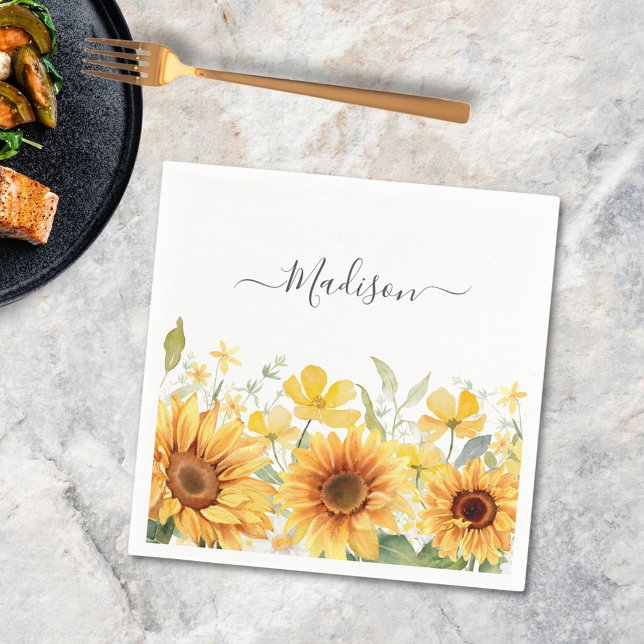 Monogram Yellow Flower Sunflower Floral Botanical Napkin (In situ)