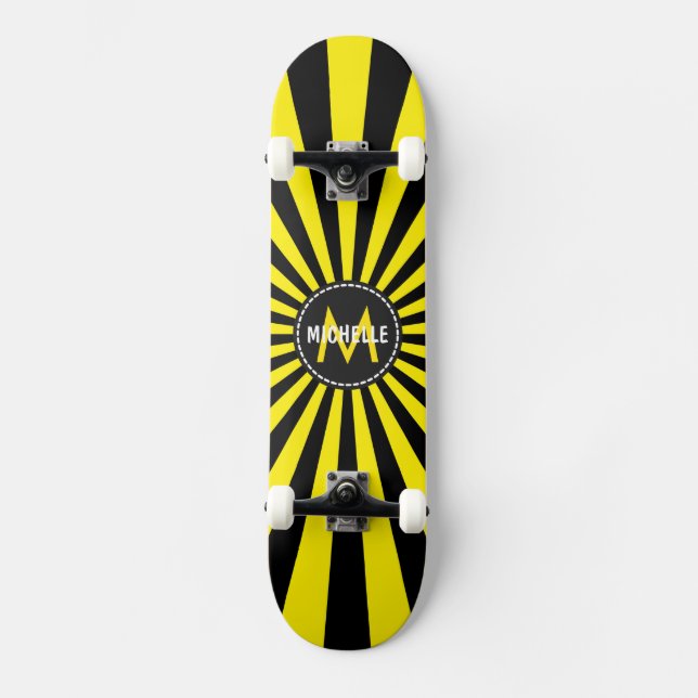 Monogram Yellow Funky Sun Rays Pattern Skateboard (Front)