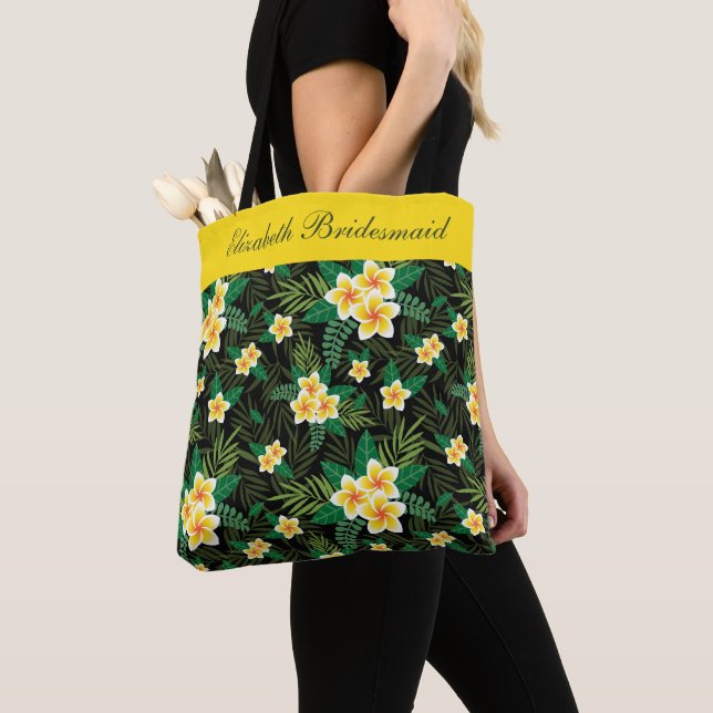 Monogram Yellow Green Floral Botanical Bridesmaid Tote Bag (Close Up)