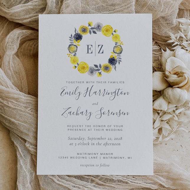 Monogram Yellow Grey Floral Wreath Wedding Invitation (Creator Uploaded)