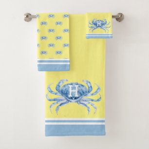 Monogram Yellow n  Blue Watercolor Crab Nautical Bath Towel Set