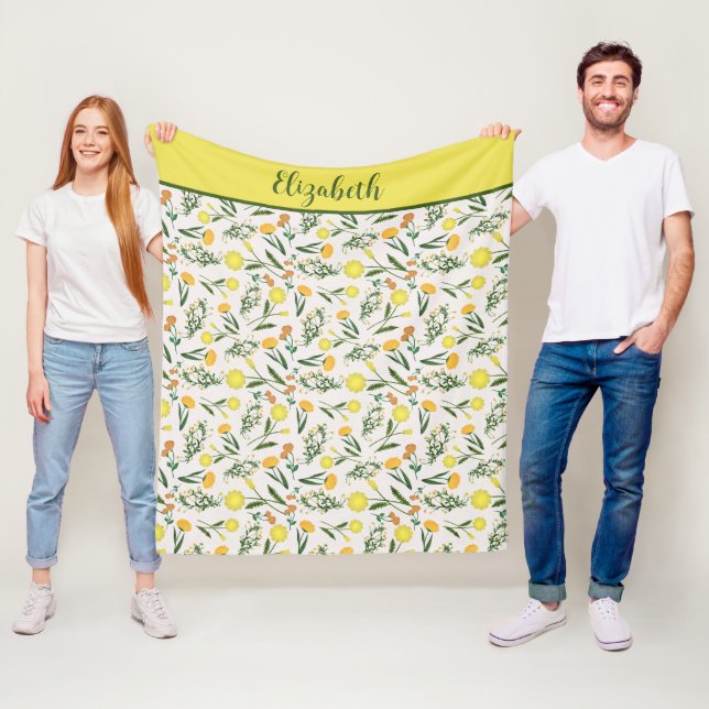 Monogram Yellow Orange Green Floral Boho Trendy Fleece Blanket (In Situ)