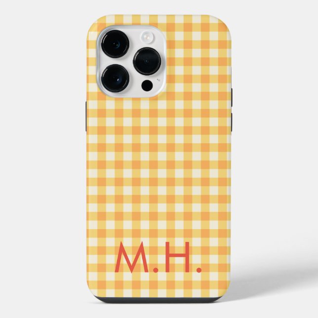 Monogram Yellow Orange Ish Preppy Gingham Plaid iPhone Case (Back)