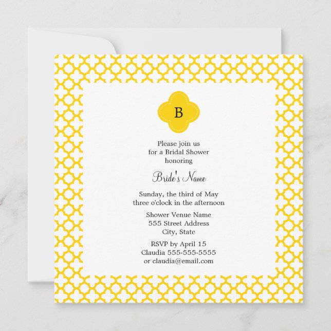 Monogram Yellow Quatrefoil Pattern   Bridal Shower Invitation (Front)