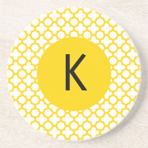 Monogram Yellow Quatrefoil Pattern Coaster