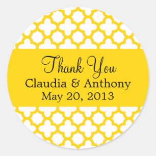 Monogram Yellow Quatrefoil Pattern Thank You Classic Round Sticker