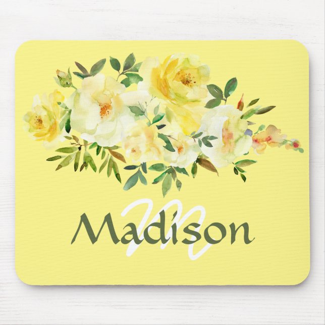 Monogram Yellow Roses Vintage Style Mouse Pad (Front)