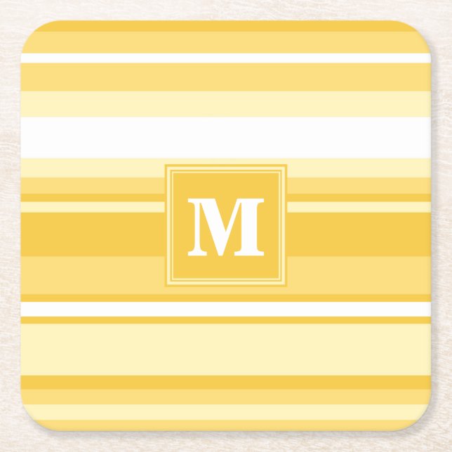 Monogram yellow stripes square paper coaster (Front)