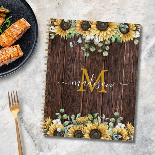 Monogram Yellow Sunflower Brown Wood Recipe Book