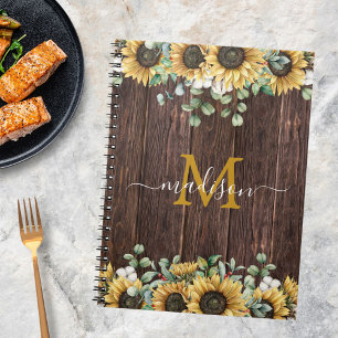 Monogram Yellow Sunflower Brown Wood Recipe Notebook