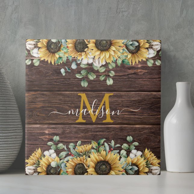 Monogram Yellow Sunflower Eucalyptus Brown Wood Tile (In situ)