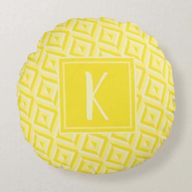 Monogram Yellow Three-Tone Diamond Pattern Round Pillow (Front)