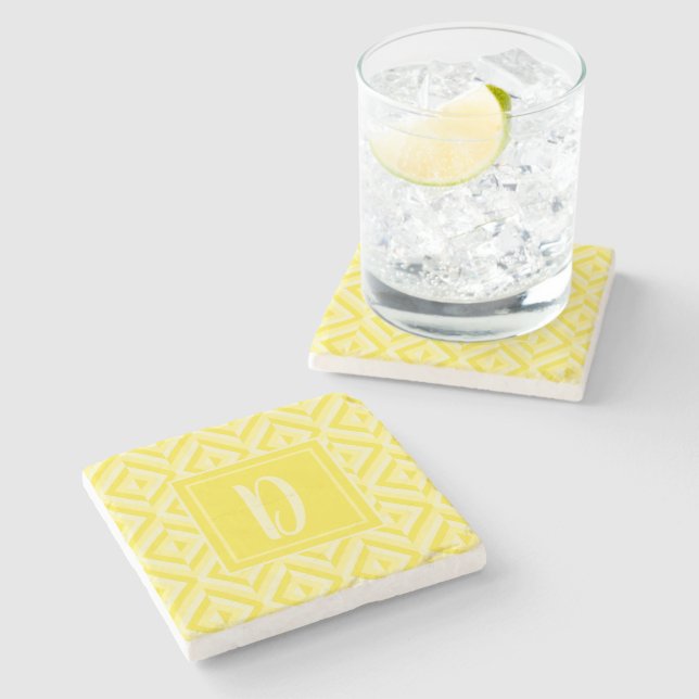 Monogram Yellow Three-Tone Diamond Pattern Stone Coaster (Side)