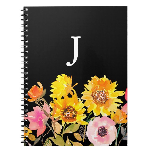 Monogram Yellow Watercolor Sunflower Notebook (Front)