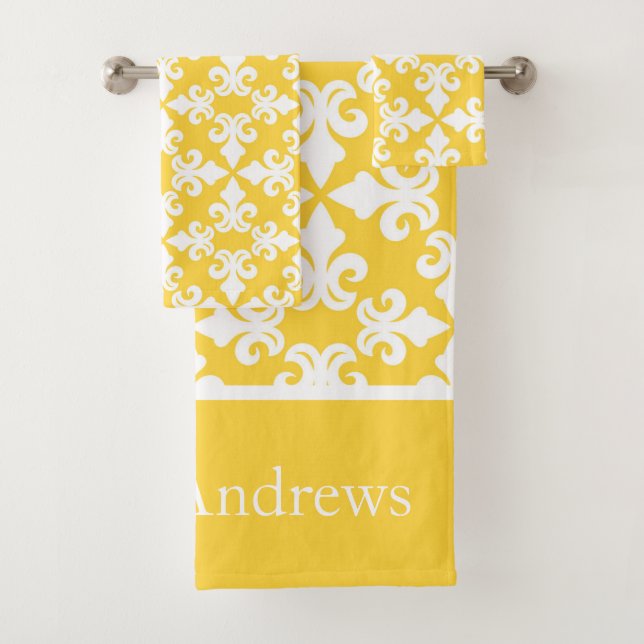 Monogram Yellow White Fleur-de-lis Personalized Bath Towel Set (Insitu)