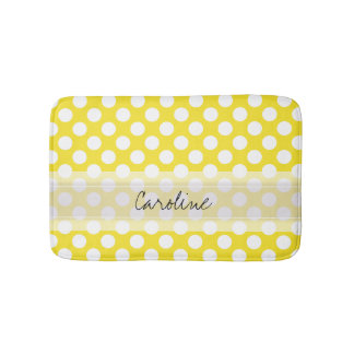 Monogram Yellow White Trendy Fun Polka Dot Pattern Bath Mat