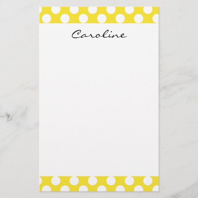 Monogram Yellow White Trendy Fun Polka Dot Pattern Stationery (Front)