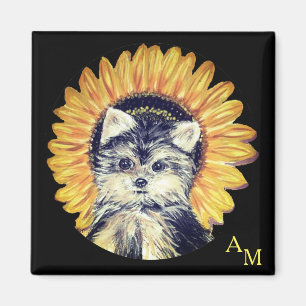 Monogram, Yorkshire Dog & Sunflower on Black Magnet