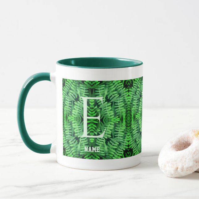 Monogram Your Initial Green Ferns Personalized     Mug (With Donut)