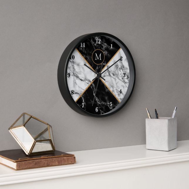 Monogram Your Letter Clock Black White Marble (Office)