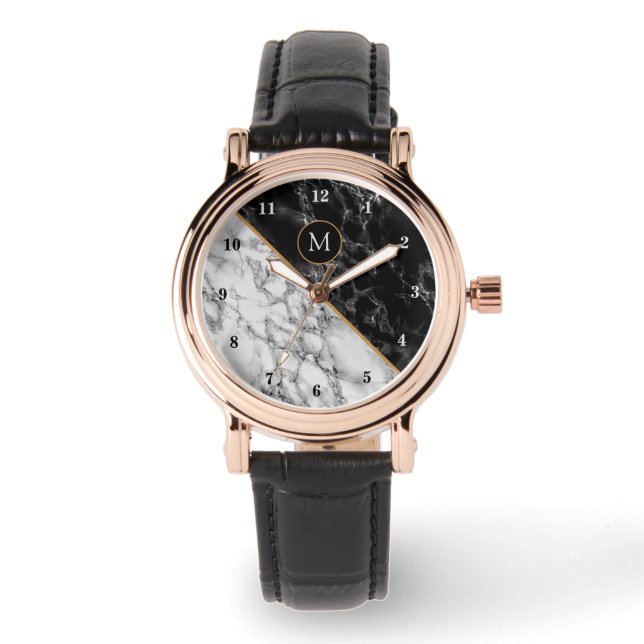 Monogram Your Letter Watch Black White Marble (Front)