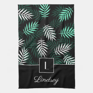 Monogram & Your Name On Dark Green Leaves Pattern Kitchen Towel