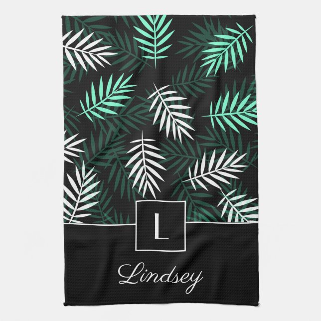 Monogram & Your Name On Dark Green Leaves Pattern Kitchen Towel (Vertical)
