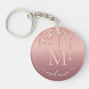 Monogram Your Name Rose Gold Blush Glitter Sparkle Keychain