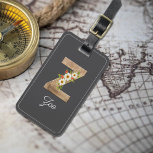 Monogram Z grey wood letter flower Luggage Tag