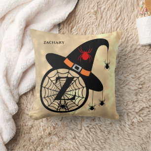 Monogram Z Halloween Sky Witch Spiders Name Throw Pillow