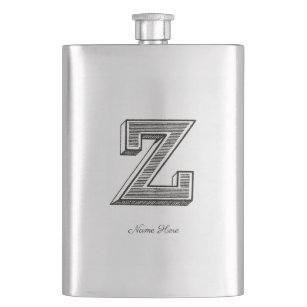 Monogram Z, Letter Z, Alphabet z, Black and White Hip Flask