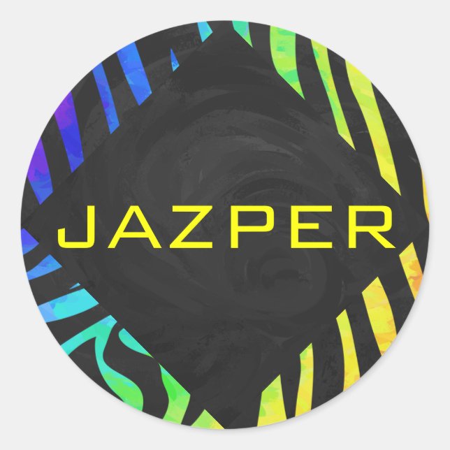 Monogram Zebra Black and Rainbow Print Classic Round Sticker (Front)