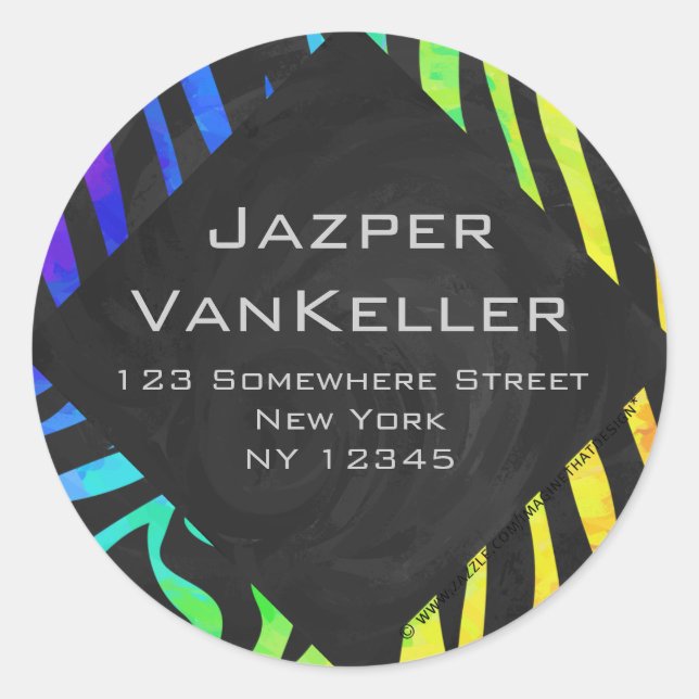 Monogram Zebra Black and Rainbow Print Classic Round Sticker (Front)