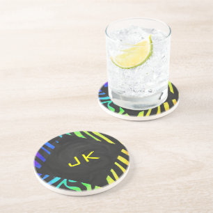 Monogram Zebra Black and Rainbow Print Coaster